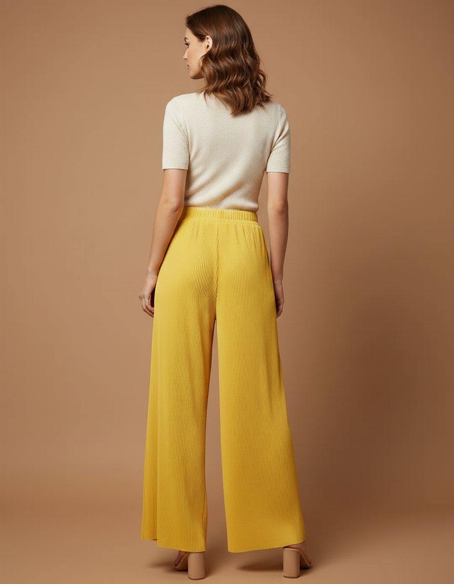 Pantalon À Pince Plissé Jaune Fluide Ample Décontracté - Polyester - vue 2