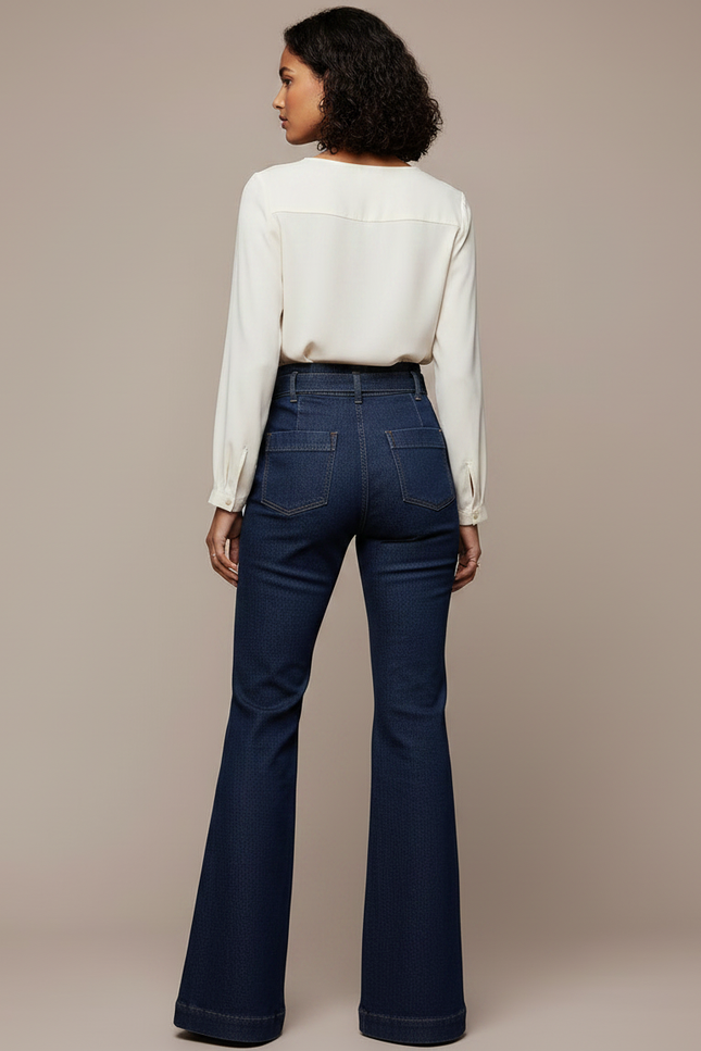 Pantalon À Pince Bleu Marine Évasé Taille Haute Denim - Jean - vue 2