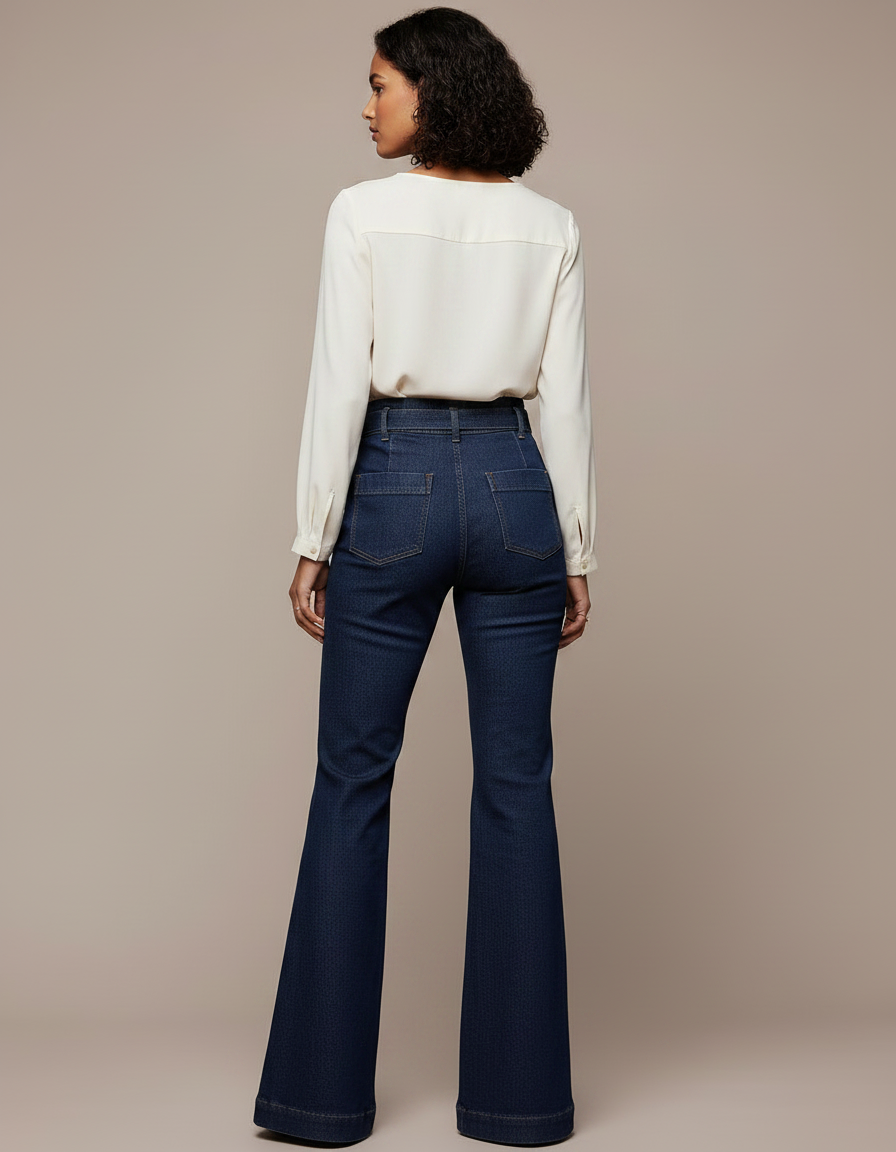 Pantalon À Pince Bleu Marine Évasé Taille Haute Denim - Jean - vue 2