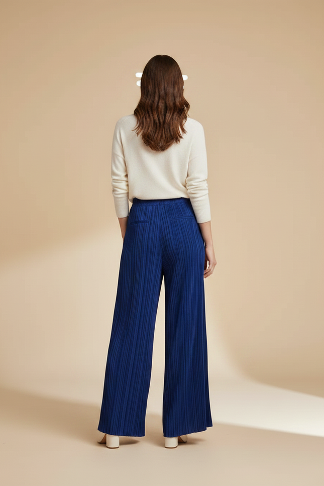 Pantalon À Pince Bleu Plissé Ample Fluide Élégant - Polyester - vue 2