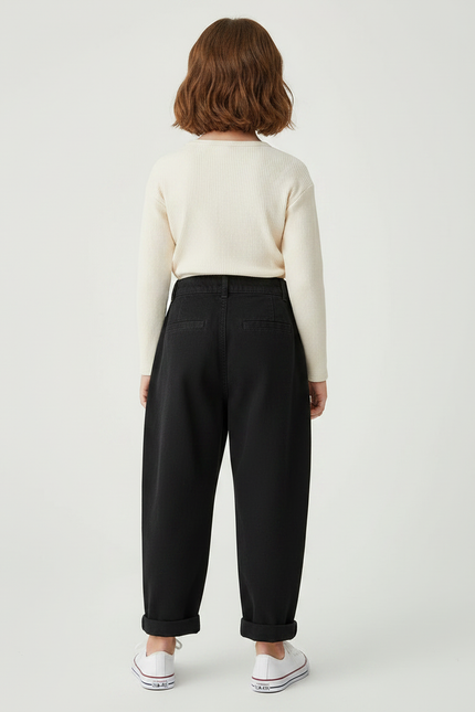 Pantalon À Pince Noir Ample Coton Enfant - Gabardine - vue 2