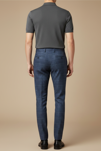 Pantalon À Pince Bleu Carreaux Slim Élégant Homme - Laine - vue 2