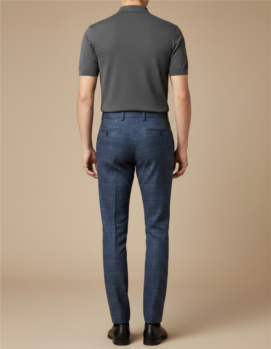 Pantalon À Pince Bleu Carreaux Slim Élégant Homme - Laine - vue 2