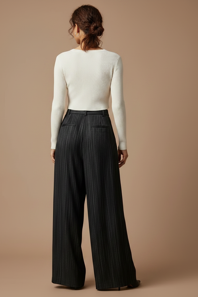 Pantalon À Pince Noir Rayé Ample Fluide Femme - Polyester - vue 2