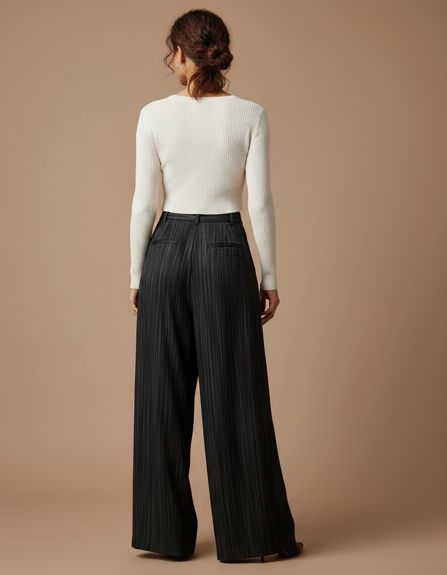 Pantalon À Pince Noir Rayé Ample Fluide Femme - Polyester - vue 2