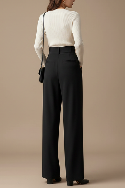Pantalon À Pince Noir Fluide Ample Taille Haute - Polyester - vue 2
