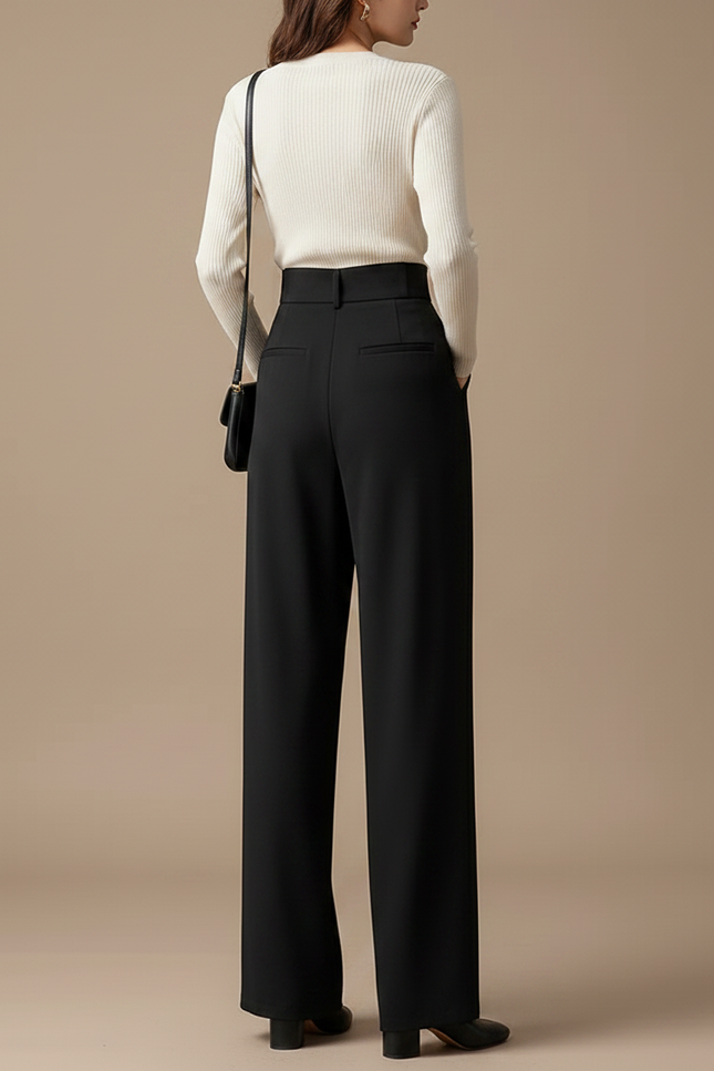 Pantalon À Pince Noir Fluide Ample Taille Haute - Polyester - vue 2
