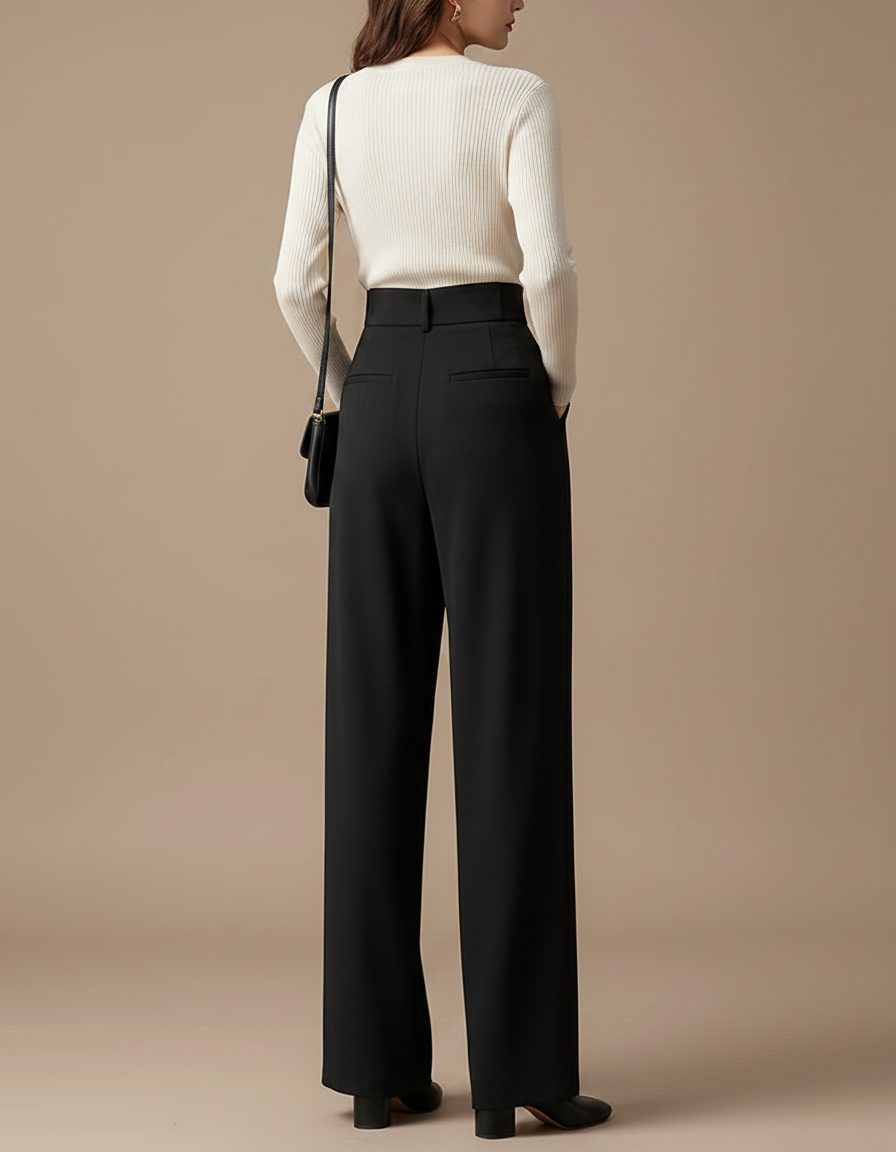 Pantalon À Pince Noir Fluide Ample Taille Haute - Polyester - vue 2