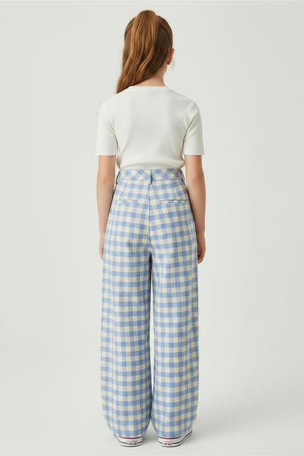 Pantalon À Pince Carreaux Bleus Ample Taille Haute - Imprimé Molleton - vue 2