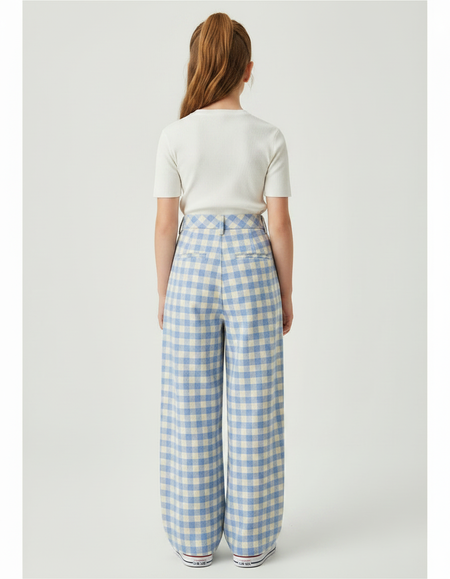 Pantalon À Pince Carreaux Bleus Ample Taille Haute - Imprimé Molleton - vue 2