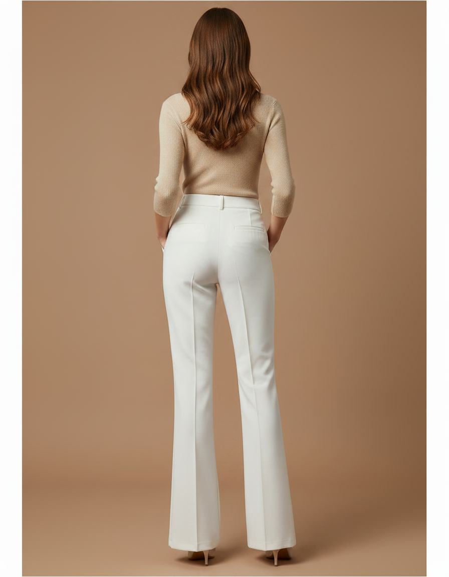 Pantalon À Pince Blanc Taille Haute Évasé Élégant Femme - Polyester - vue 2