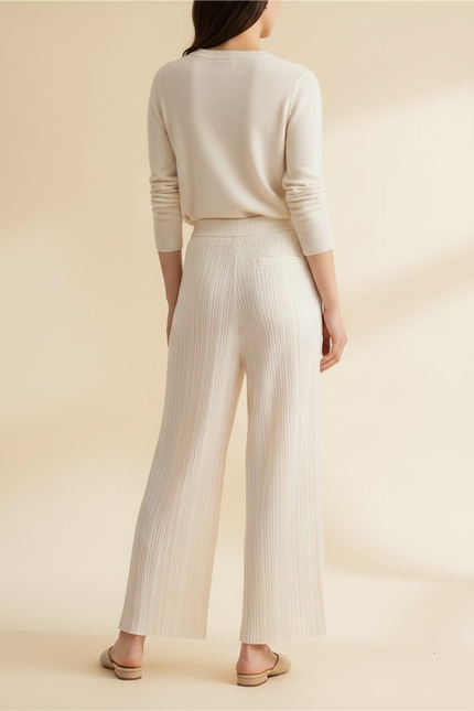 Pantalon À Pince Plissé Fluide Crème Ample Élégant - Beige Maille - vue 2