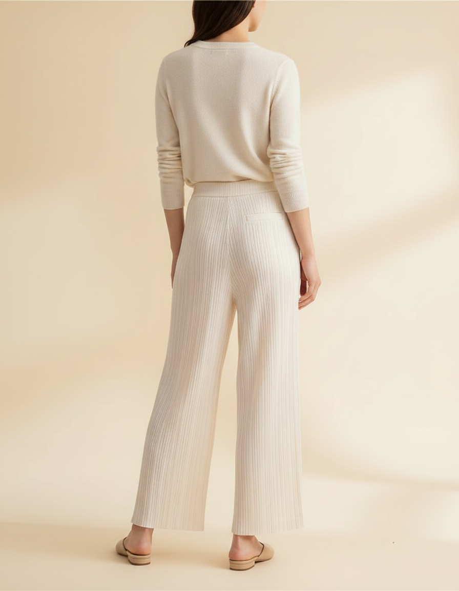 Pantalon À Pince Plissé Fluide Crème Ample Élégant - Beige Maille - vue 2