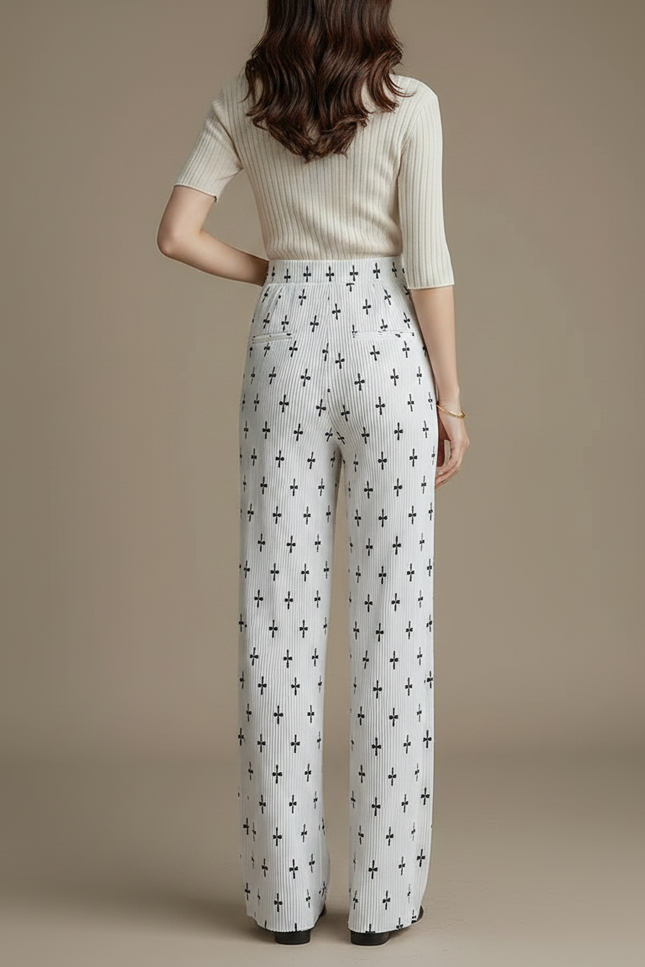 Pantalon À Pince Blanc Plissé Motif Croix Fluide - Polyester - vue 2