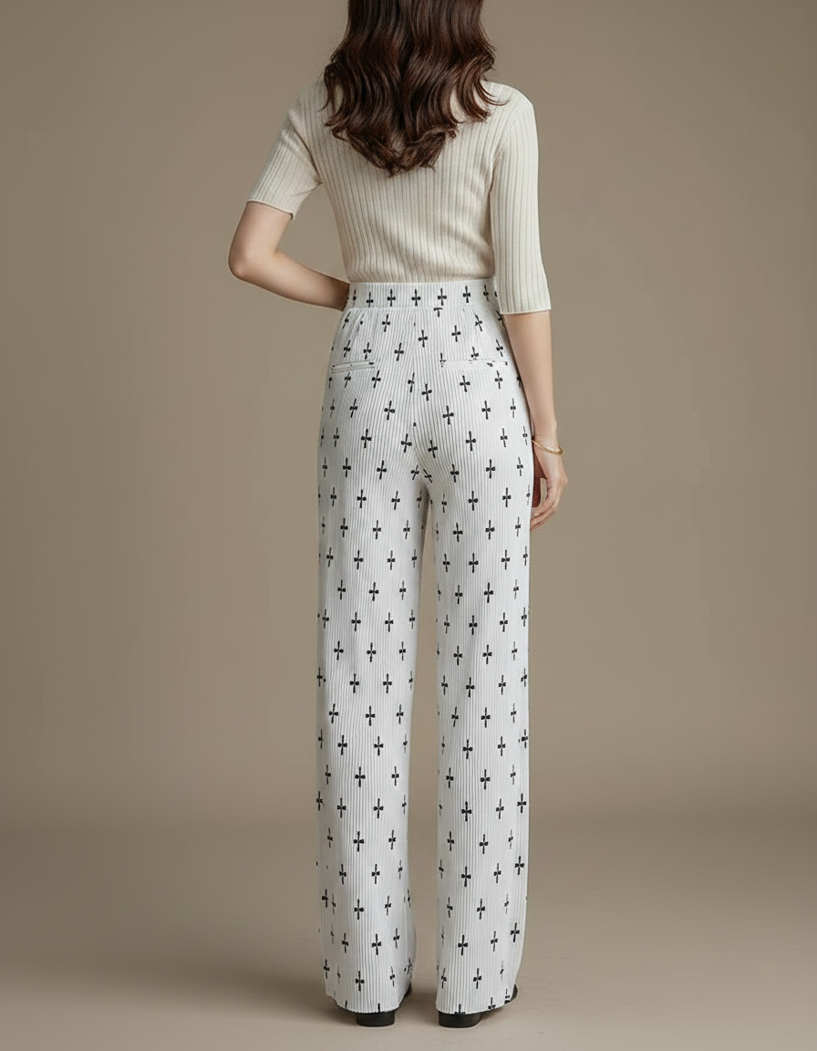 Pantalon À Pince Blanc Plissé Motif Croix Fluide - Polyester - vue 2