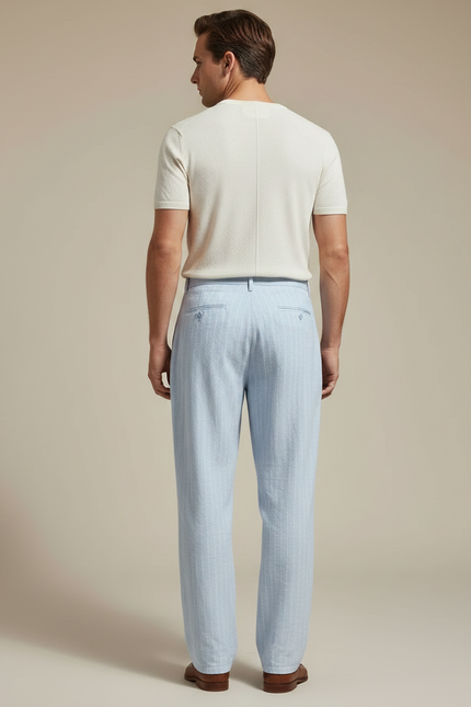 Pantalon À Pince Bleu Ciel Lin Rayé Décontracté Homme - vue 2