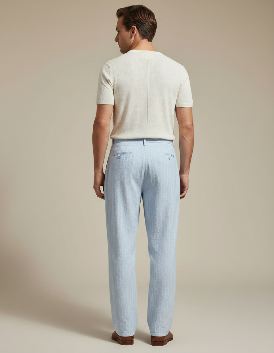 Pantalon À Pince Bleu Ciel Lin Rayé Décontracté Homme - vue 2