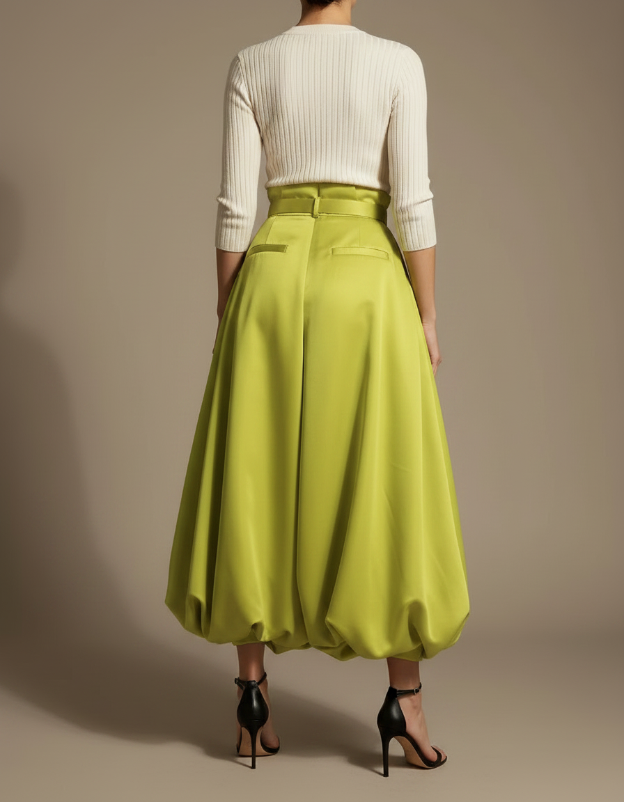 Pantalon À Pince Vert Satiné Bouffant Élégant Femme - vue 2