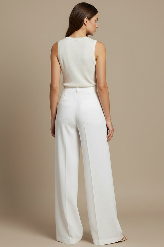Pantalon À Pince Blanc Fluide Ample Taille Haute Élégant - Viscose - vue 2