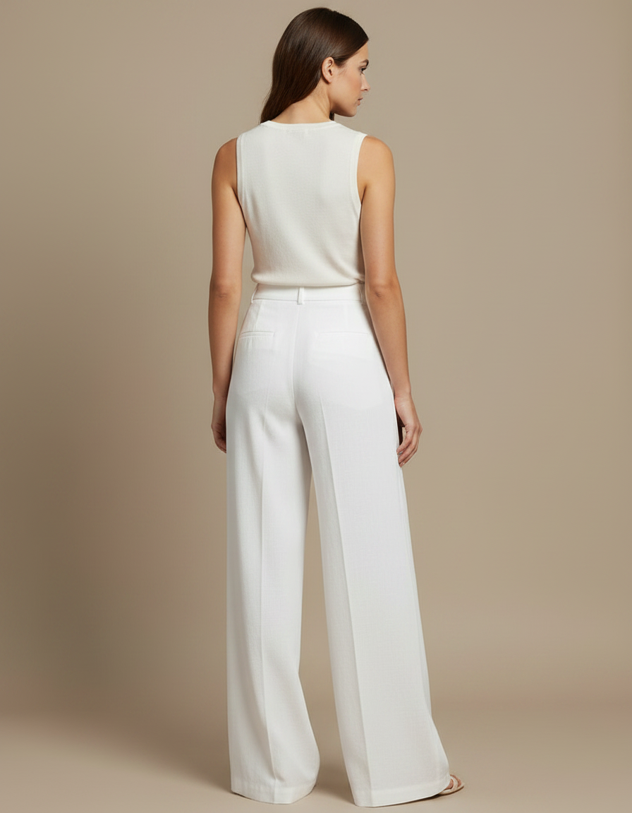 Pantalon À Pince Blanc Fluide Ample Taille Haute Élégant - Viscose - vue 2