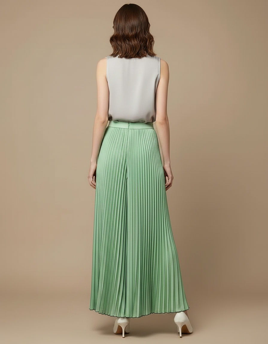 Pantalon À Pince Plissé Vert Menthe Fluide Élégant - Polyester - vue 2
