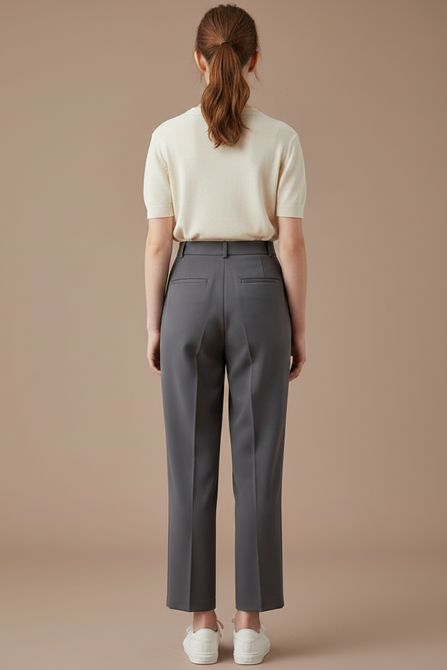Pantalon À Pince Gris Élégant Droit Taille Haute - Polyester - vue 2