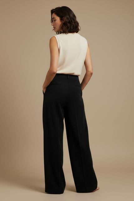 Pantalon À Pince Noir Ample Plissé Décontracté - Laine - vue 2