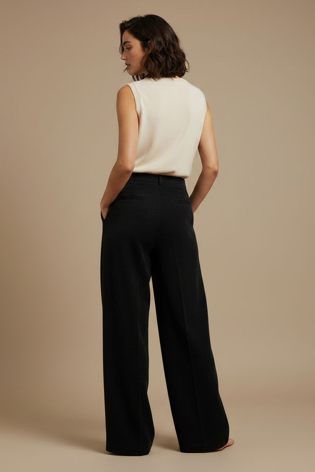 Pantalon À Pince Noir Ample Plissé Décontracté - Laine - vue 2