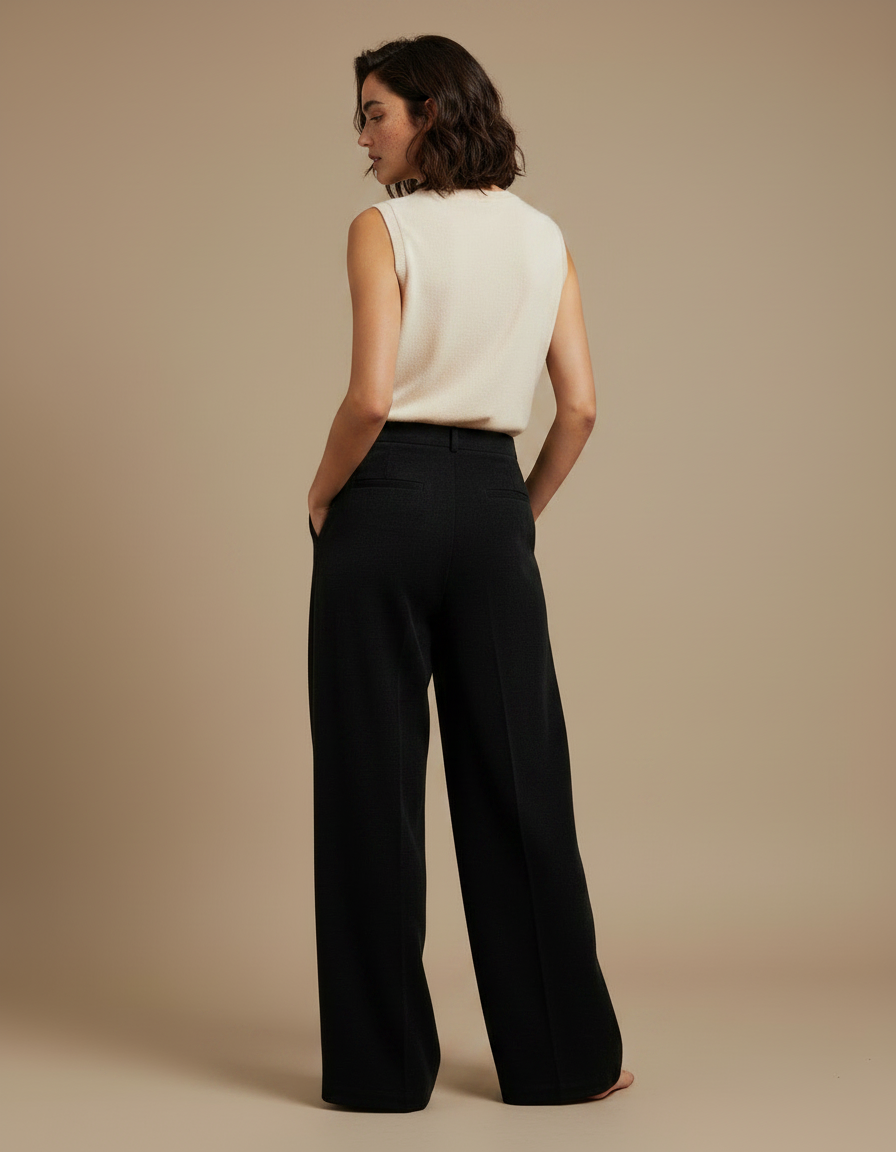 Pantalon À Pince Noir Ample Plissé Décontracté - Laine - vue 2