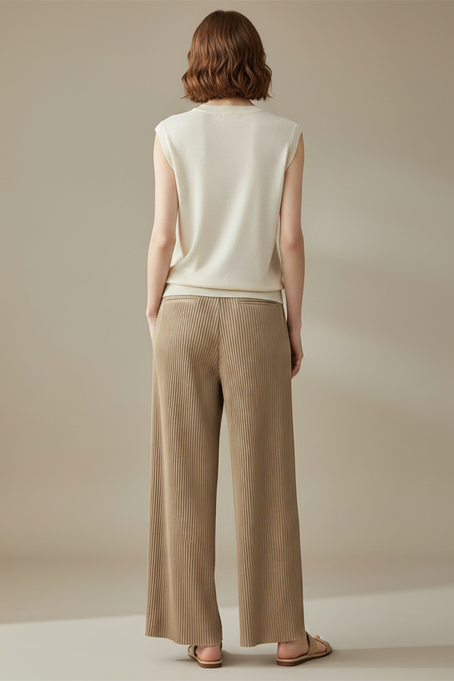 Pantalon À Pince Plissé Ample Beige Décontracté - Maille - vue 2