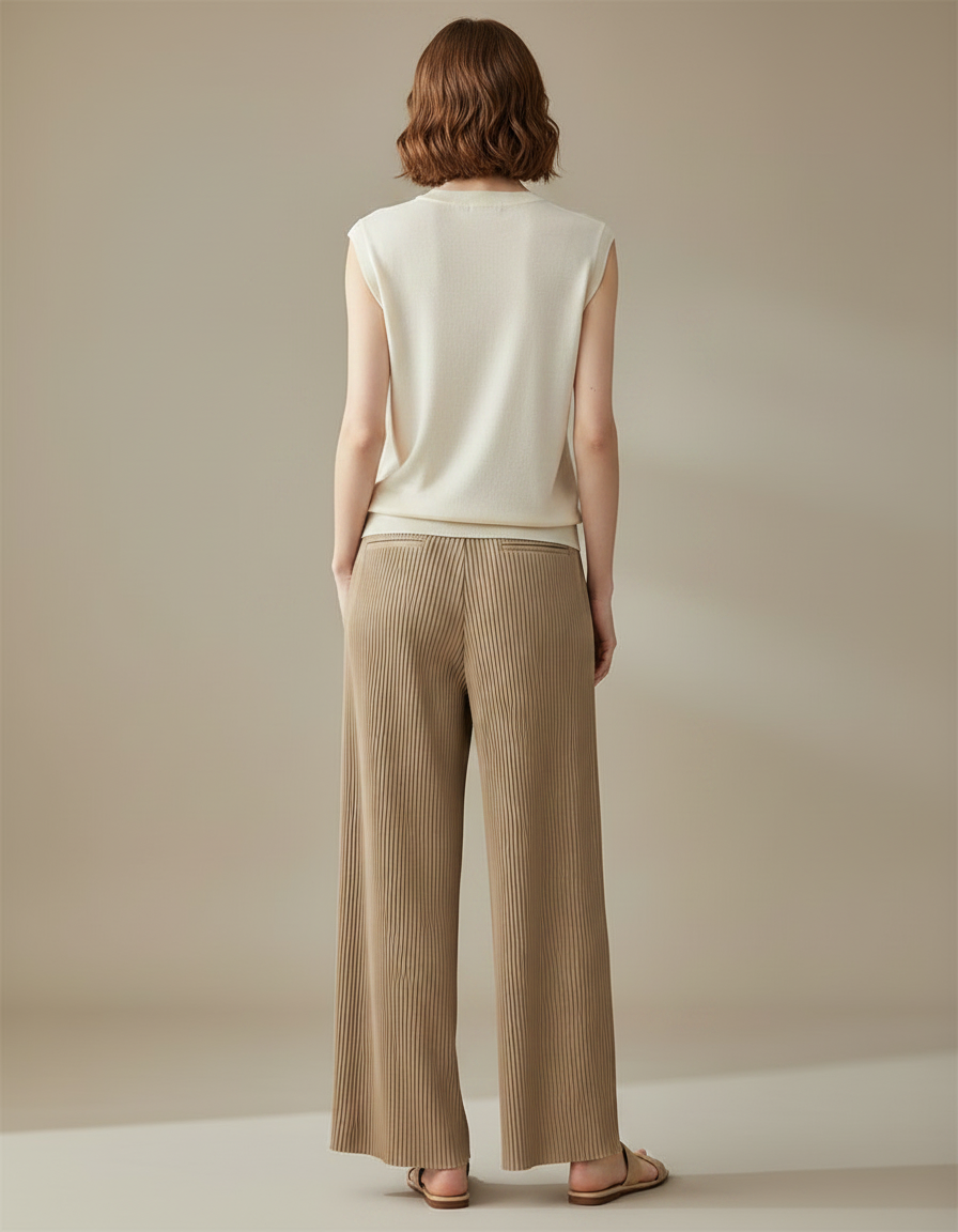 Pantalon À Pince Plissé Ample Beige Décontracté - Maille - vue 2