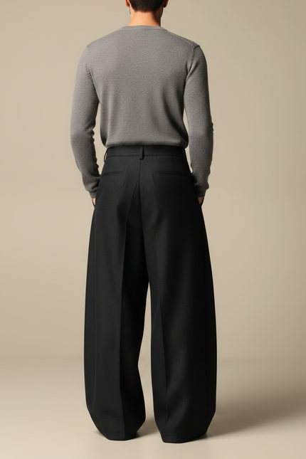 Pantalon Large À Pince Homme - Noir Laine - vue 2