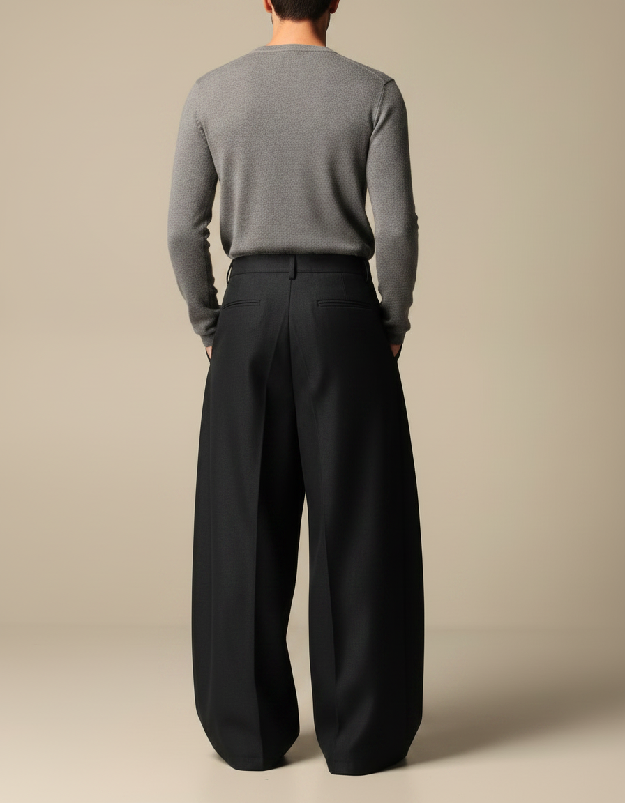 Pantalon Large À Pince Homme - Noir Laine - vue 2