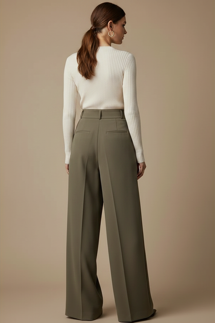 Pantalon À Pince Kaki Plissé Ample Taille Haute Fluide - Viscose - vue 2