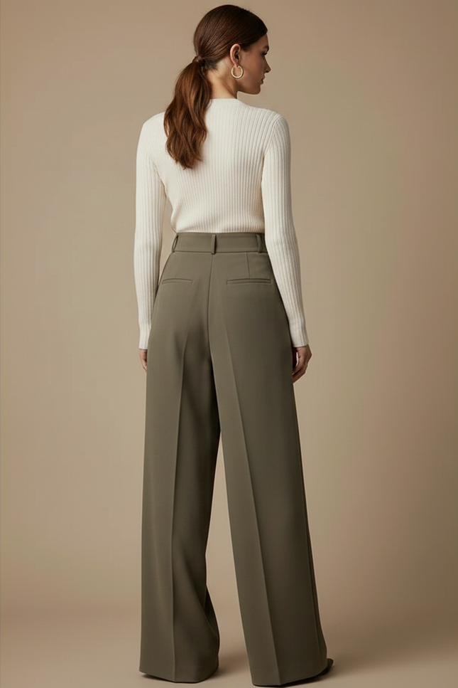 Pantalon À Pince Kaki Plissé Ample Taille Haute Fluide - Viscose - vue 2