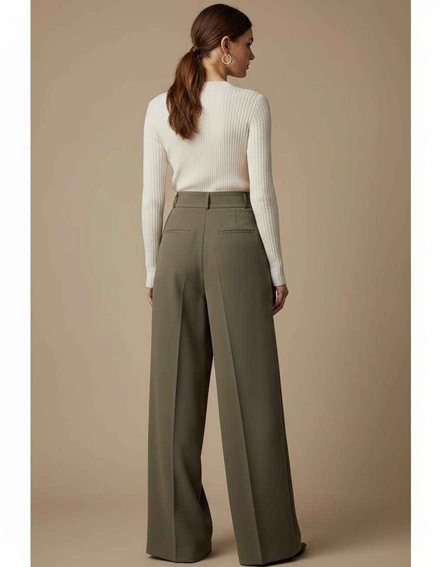 Pantalon À Pince Kaki Plissé Ample Taille Haute Fluide - Viscose - vue 2