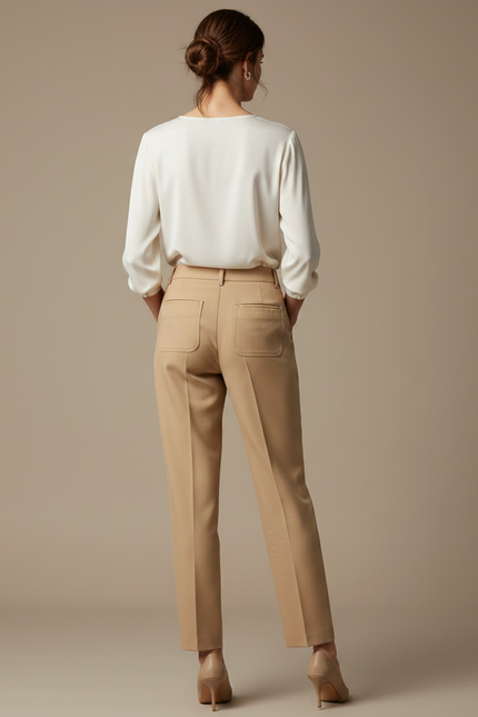 Pantalon À Pince Beige Taille Haute Élégant Femme - Gabardine - vue 2