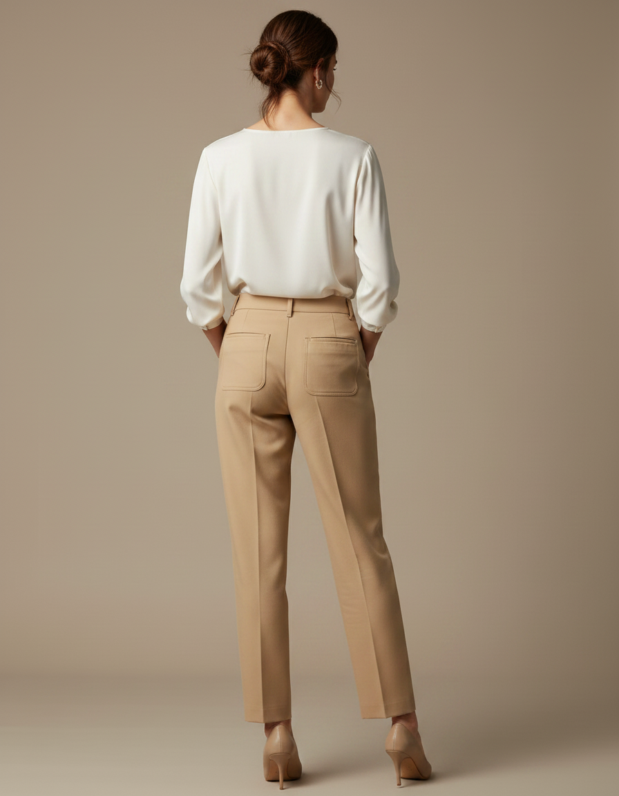 Pantalon À Pince Beige Taille Haute Élégant Femme - Gabardine - vue 2