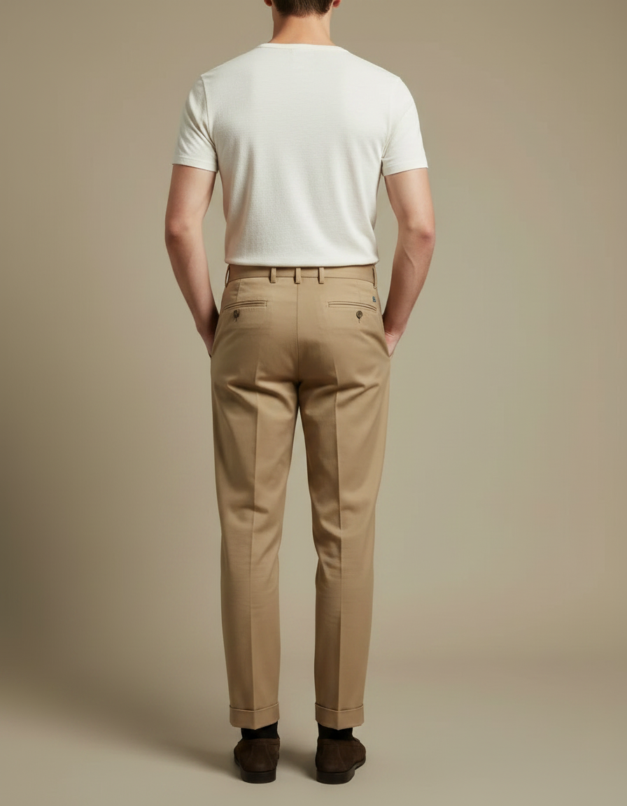Pantalon À Pince Beige Plissé Coton Décontracté Élégant - vue 2