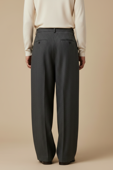 Pantalon À Pince Gris Rayé Ample Plissé Élégant - Laine - vue 2