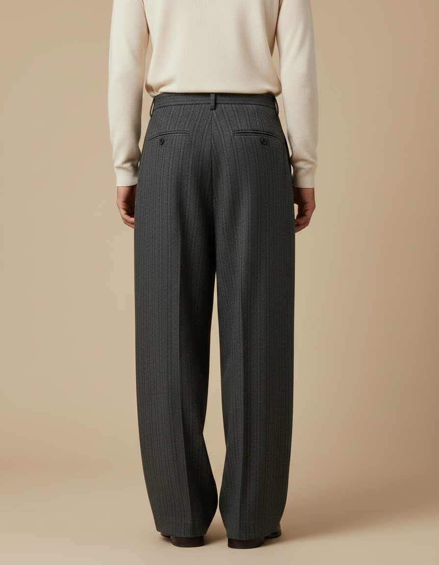 Pantalon À Pince Gris Rayé Ample Plissé Élégant - Laine - vue 2
