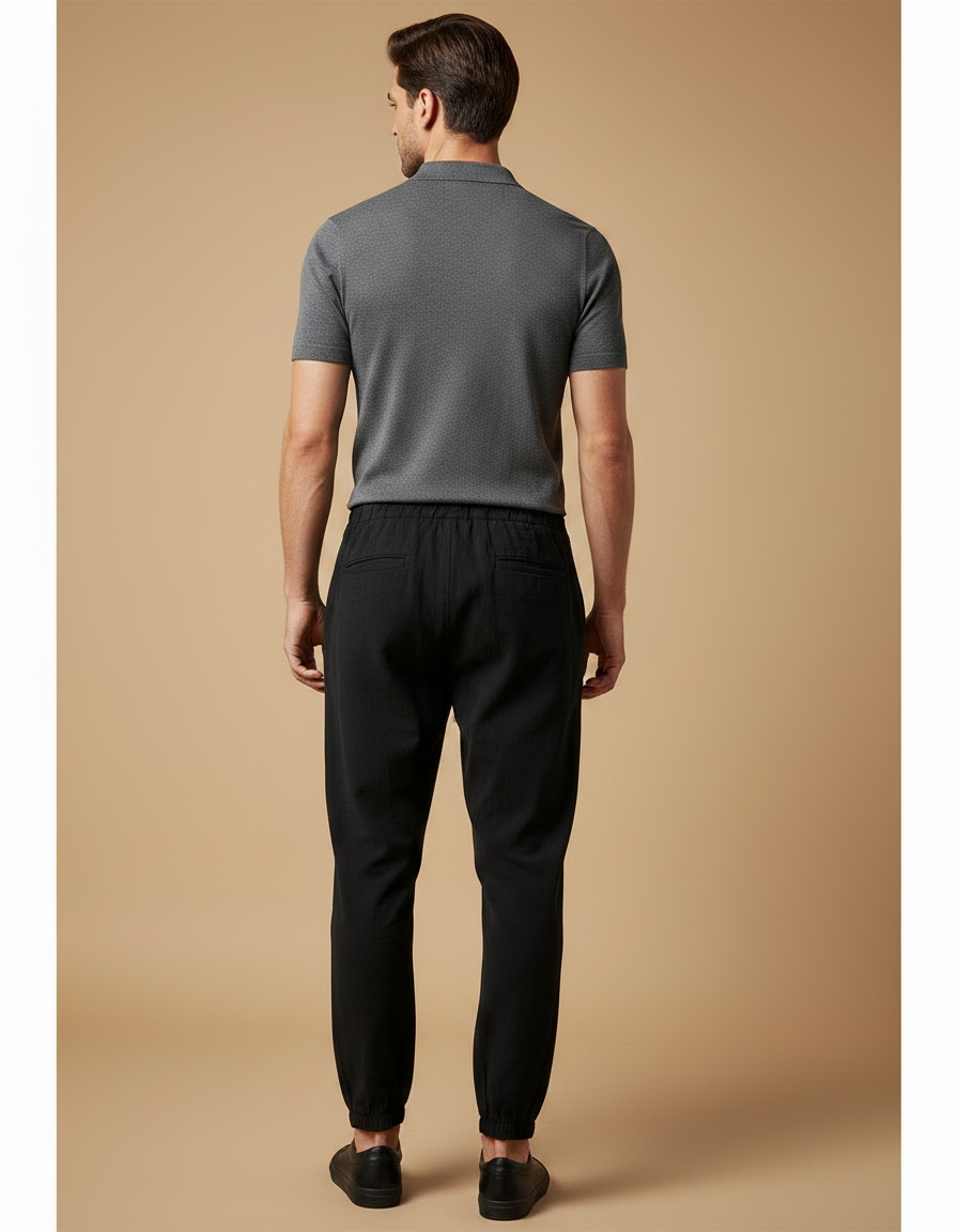 Pantalon À Pince Noir Ample Cordon Décontracté Lin Homme - vue 2