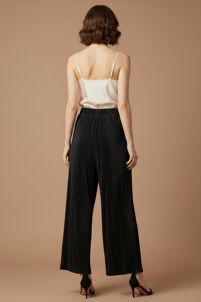 Pantalon À Pince Noir Plissé Fluide Femme Élégant - Polyester - vue 2