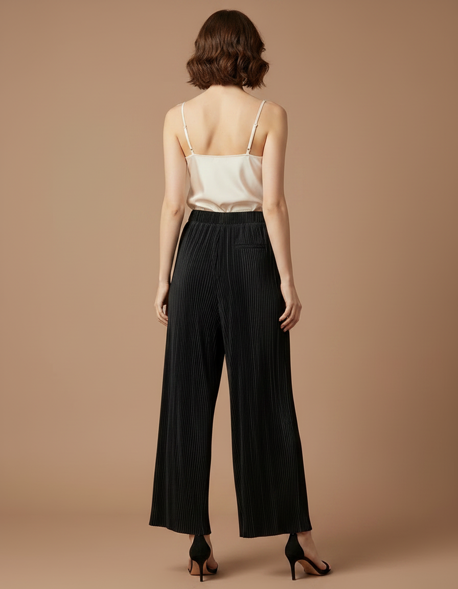 Pantalon À Pince Noir Plissé Fluide Femme Élégant - Polyester - vue 2