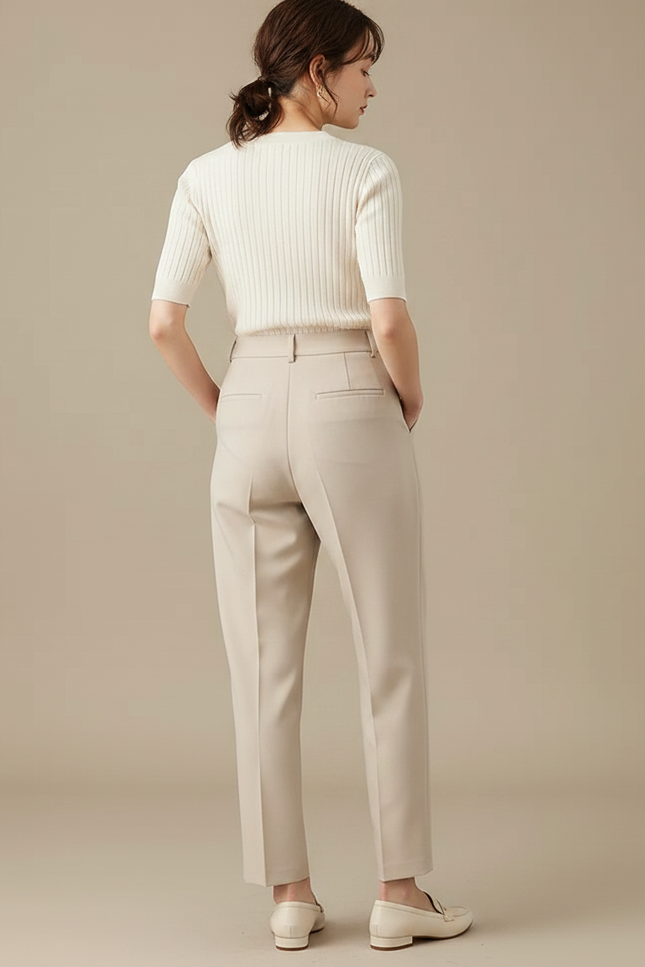 Pantalon À Pince Beige Taille Haute Élégant Fuselé Femme - Polyester - vue 2