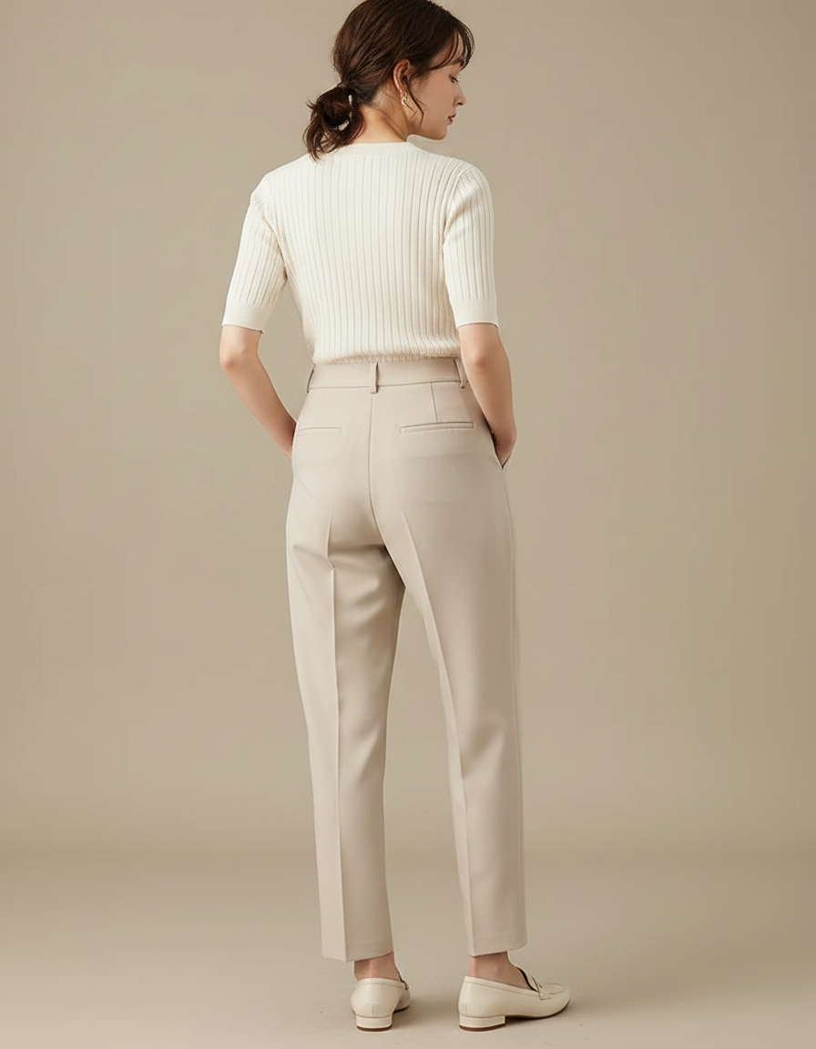 Pantalon À Pince Beige Taille Haute Élégant Fuselé Femme - Polyester - vue 2
