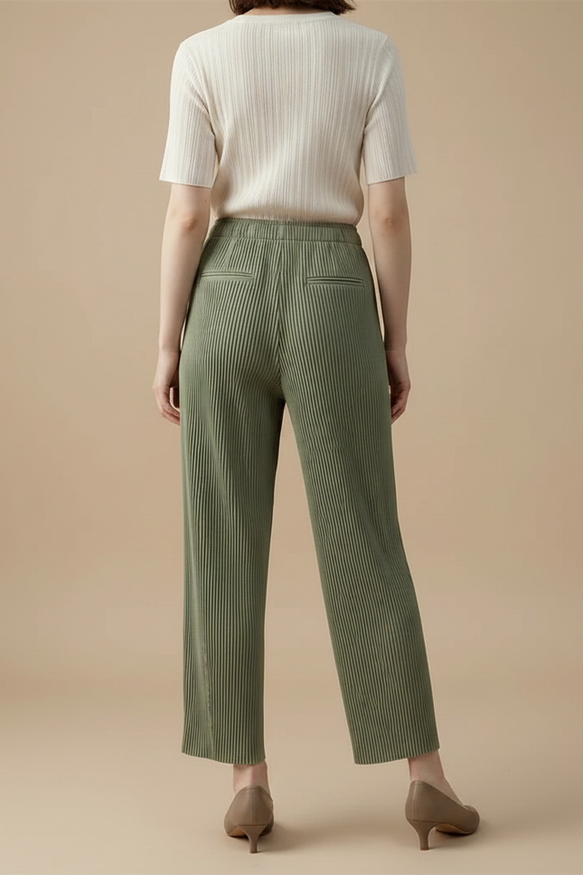 Pantalon À Pince Plissé Vert Fluide Confortable Femme - Polyester - vue 2