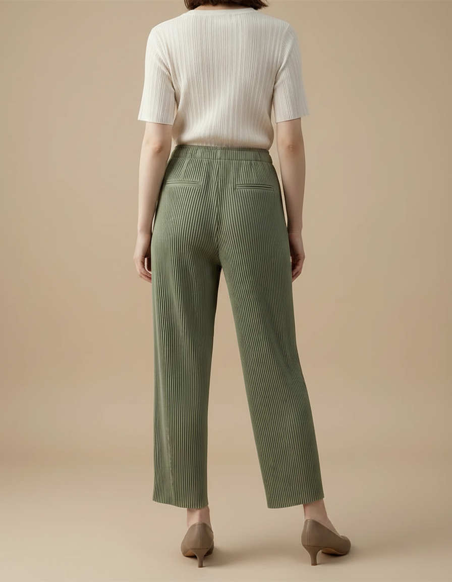 Pantalon À Pince Plissé Vert Fluide Confortable Femme - Polyester - vue 2