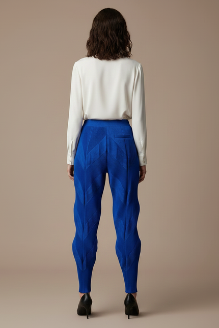 Pantalon À Pince Bleu Plissé Sculptural Chevrons Élastique - Polyester - vue 2