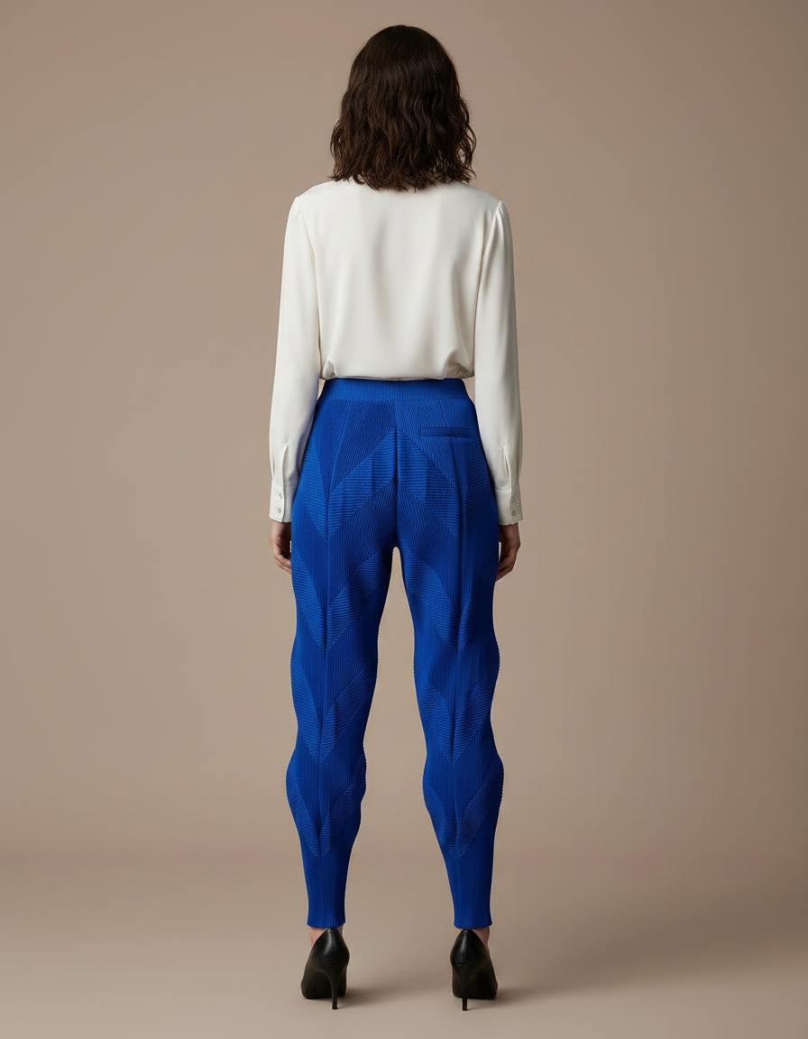 Pantalon À Pince Bleu Plissé Sculptural Chevrons Élastique - Polyester - vue 2